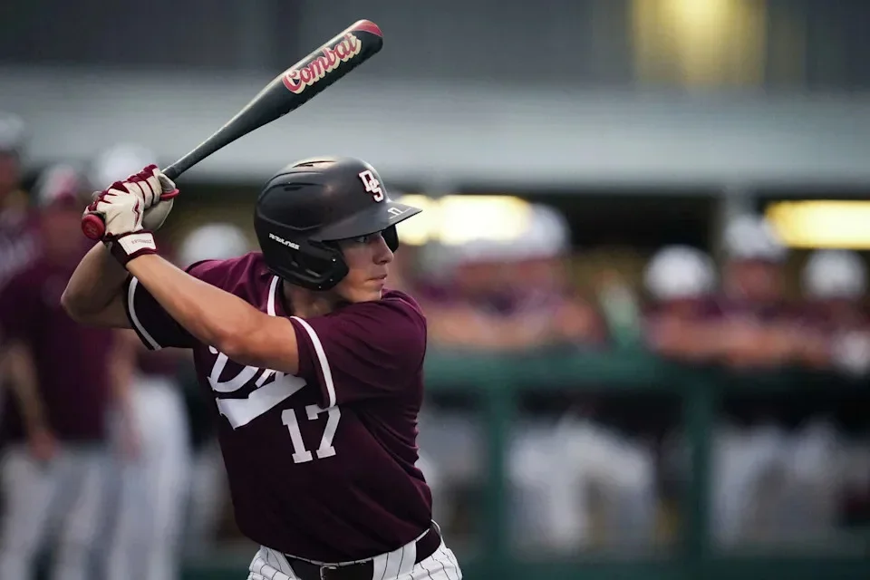 Dripping Springs outfielder Anthony Delgado bats in the third inning as the Dripping Springs Tigers take on the Brandeis Broncos in the second of a three game series in the Class 6A Division II area round of the UIL Playoffs, May 8, 2026 in Dripping Springs. (Sara Diggins/Austin American-Statesman)