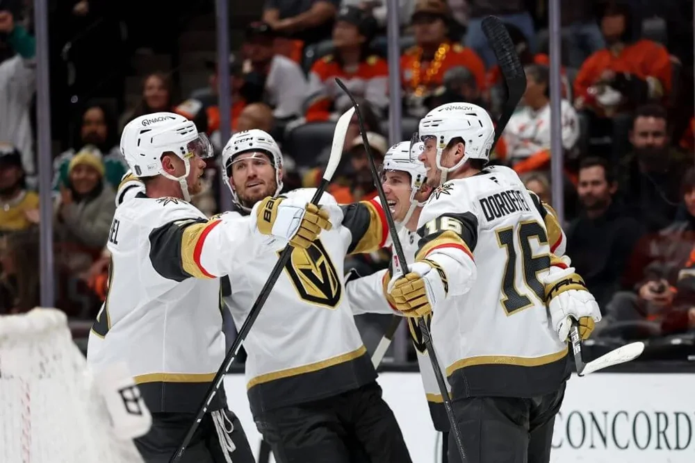 The Vegas Golden Knights gather to celebrate a goal by Mitch Marner against the Anaheim Ducks in Game 3 on May 8, 2026.