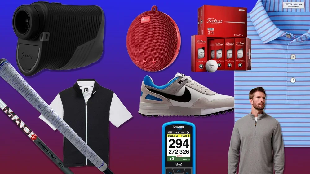 A collage of golf-related items—rangefinder, red portable speaker, Titleist golf balls, shoe, GPS device, vest, and grips—plus a man in a gray pullover on a purple background, showcasing the best golf deals for $100 or less.